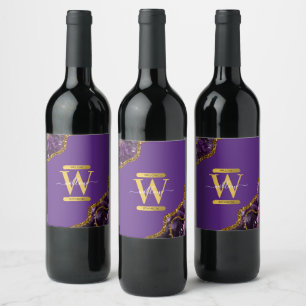Purple & Gold Agate Geode Glitter Monogram Wine Label