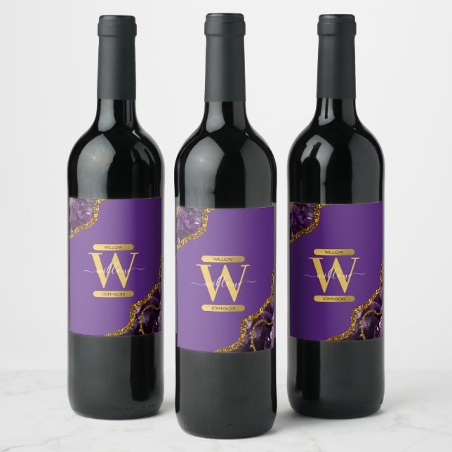 Purple & Gold Agate Geode Glitter Monogram Wine Label (Bottles)