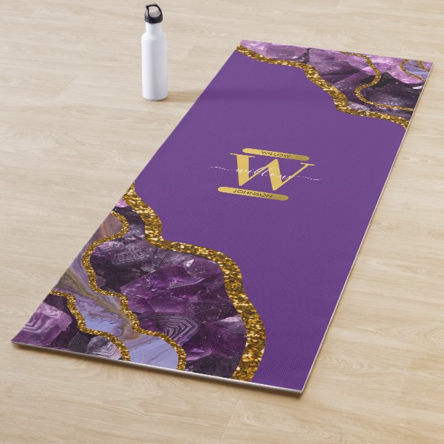 Purple & Gold Agate Geode Glitter Monogram Yoga Mat (In Situ)