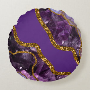 Purple & Gold Agate Geode Glitter Round Pillow