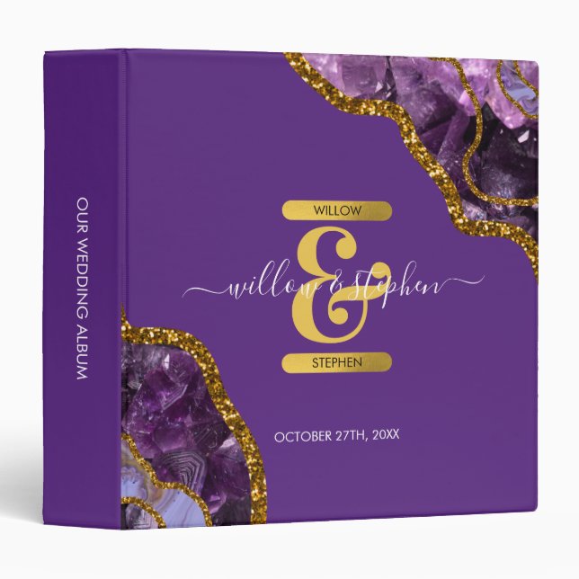 Purple & Gold Agate Geode Glitter Wedding Album  Binder (Front/Spine)