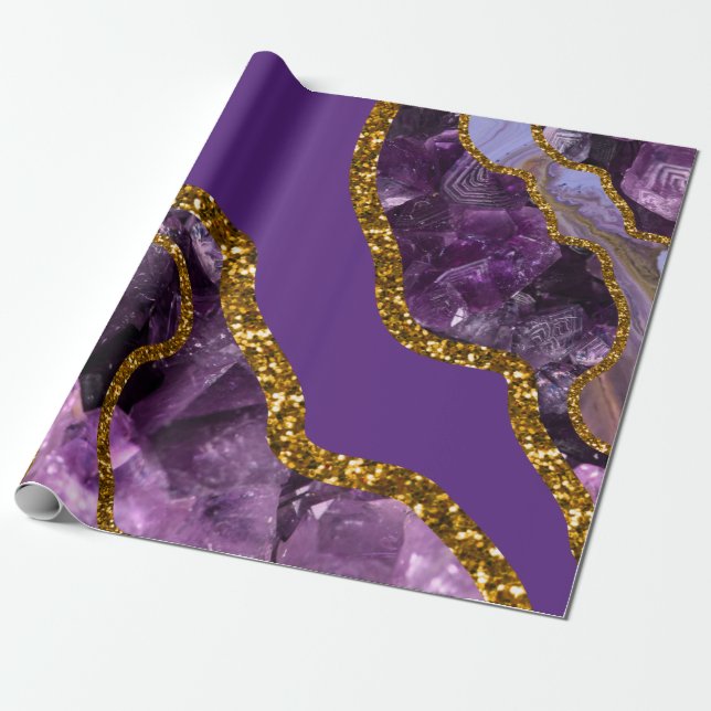 Purple & Gold Agate Geode Glitter Wrapping Paper (Unrolled)
