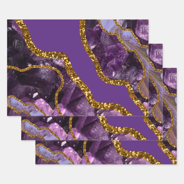 Purple & Gold Agate Geode Glitter Wrapping Paper Sheet (Set)