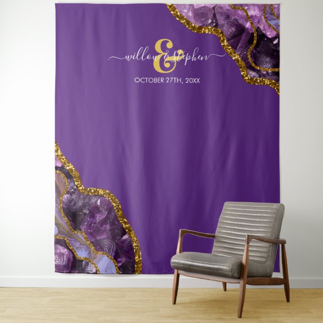 Purple Gold Agate Geode Wedding Backdrop Banner  Tapestry (In Situ)