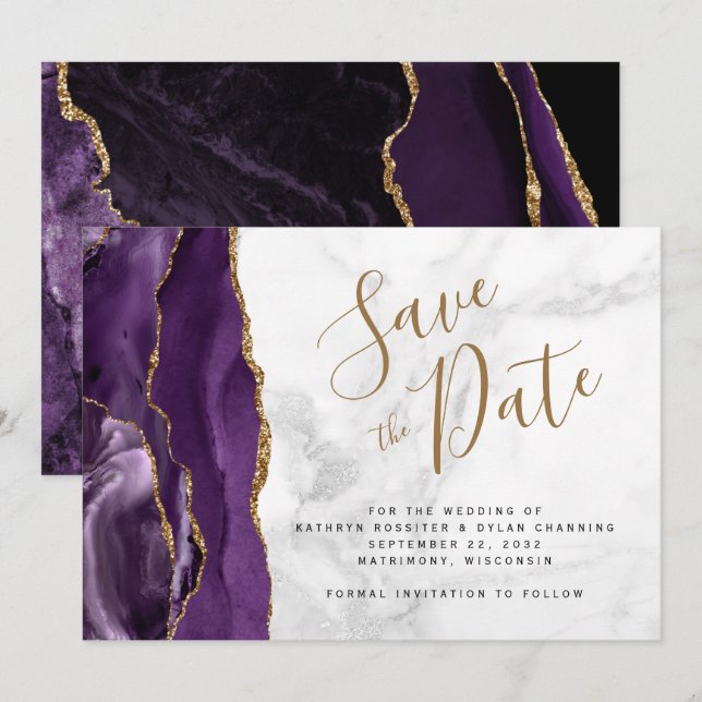 Purple Gold Agate Grey Marble Save the Date Card (Front/Back)