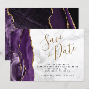 Purple Gold Agate Grey Marble Save the Date Card