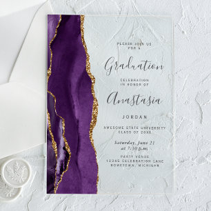 Purple Gold Agate Grey Text Graduation Acrylic Invitations