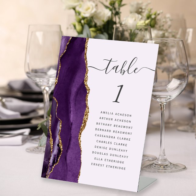 Purple Gold Agate Lavender Wedding Table Number Pedestal Sign (Creator Uploaded)
