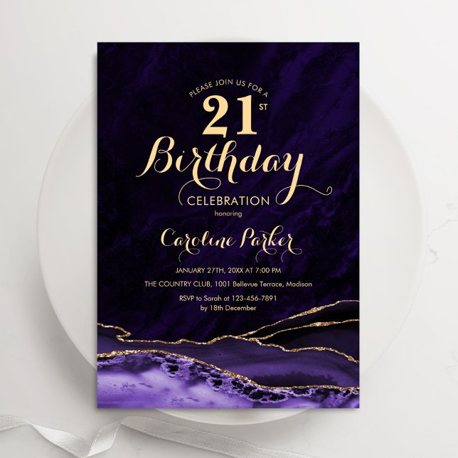 Purple Gold Agate Marble 21st Birthday Invitation (Creator Uploaded)