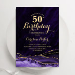 Purple Gold Agate Marble 50th Birthday Invitation<br><div class="desc">Purple and gold agate 50th birthday party invitation. Elegant modern design featuring watercolor agate marble geode background,  faux glitter gold and typography script font. Trendy invite card perfect for a stylish women's bday celebration. Printed Zazzle invitations or instant download digital printable template.</div>