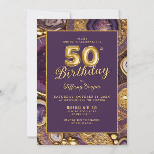 Purple Gold Agate Marble 50th Birthday Invitation