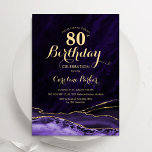 Purple Gold Agate Marble 80th Birthday Invitation<br><div class="desc">Purple and gold agate 80th birthday party invitation. Elegant modern design featuring watercolor agate marble geode background,  faux glitter gold and typography script font. Trendy invite card perfect for a stylish women's bday celebration. Printed Zazzle invitations or instant download digital printable template.</div>