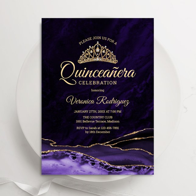 Purple Gold Agate Marble Quinceanera Invitation (Creator Uploaded)