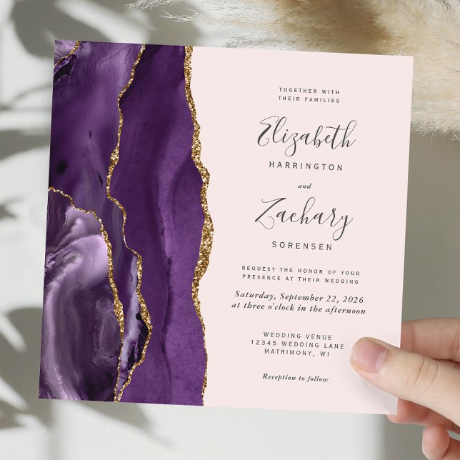 Purple Gold Agate Modern Blush Square Wedding Invitation (Creator Uploaded)