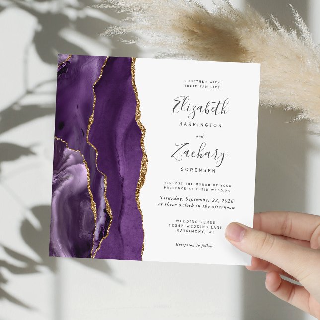 Purple Gold Agate Modern Square Wedding Invitation (Creator Uploaded)