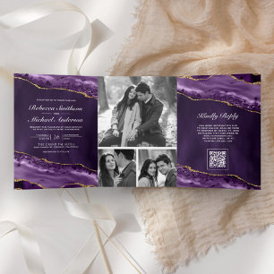 Purple Gold Agate Photo Collage QR Code Wedding Tri-Fold Invitation