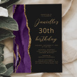 Purple Gold Agate Slate Script 30th Birthday Invitation<br><div class="desc">The left-hand edge of this elegant modern 30th birthday party invitation features a purple watercolor agate border trimmed with gold faux glitter. The customizable text combines gold-coloured script and sans serif fonts on a slate black background. The reverse side features a matching purple and gold agate design.</div>