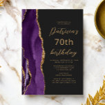 Purple Gold Agate Slate Script 70th Birthday Invitation<br><div class="desc">The left-hand edge of this elegant modern birthday party invitation features a purple watercolor agate border trimmed with gold faux glitter. The customizable text combines gold-coloured script and sans serif fonts on a slate black background. The reverse side features a matching purple and gold agate design.</div>