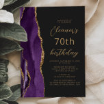 Purple Gold Agate Slate Script 70th Birthday Invitation<br><div class="desc">The left-hand edge of this elegant modern birthday party invitation features a purple watercolor agate border trimmed with gold faux glitter. The customizable text combines gold-coloured script and sans serif fonts on a slate black background. The reverse side features a matching purple and gold agate design.</div>