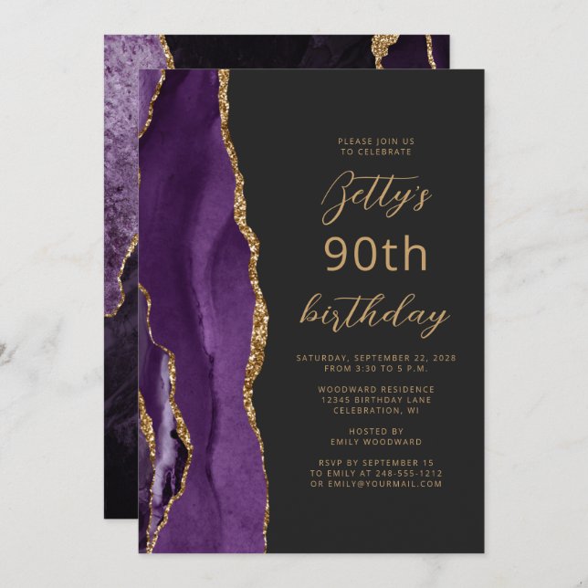 Purple Gold Agate Slate Script 90th Birthday Invitation (Front/Back)