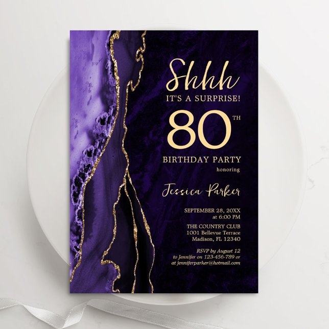 Purple Gold Agate Surprise 80th Birthday Invitation (Creator Uploaded)