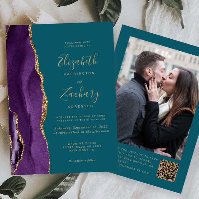 Purple Gold Agate Teal Photo QR Code Wedding Invitation (Creator Uploaded)