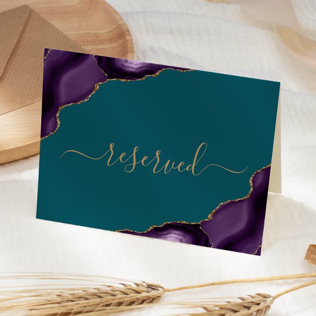 Purple Gold Agate Teal Reserved Wedding Place Card (Creator Uploaded)