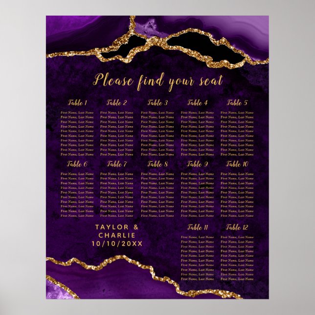 Purple Gold Agate Wedding Seating Chart 12 Table (Front)