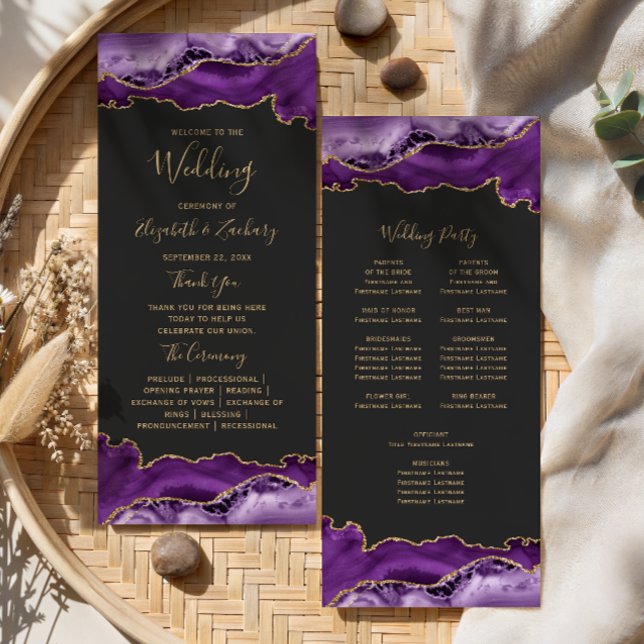Purple Gold Agate Whimsical Script Dark Wedding Program (Creator Uploaded)