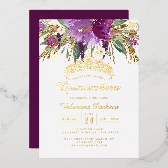 Purple Gold Amethyst Floral Quinceanera  (Front/Back)
