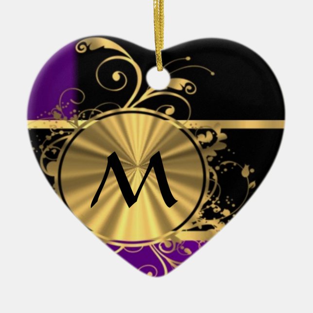 Purple gold and black monogram ceramic ornament (Front)