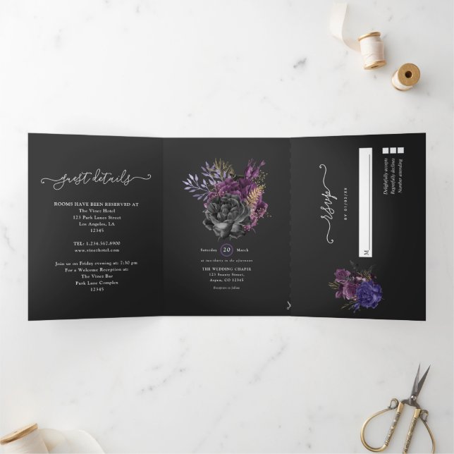Purple, Gold and Black Shabby Floral Wedding Tri-Fold Invitation (Inside)