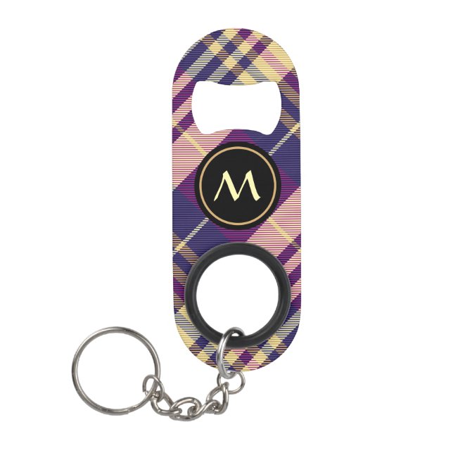 Purple, Gold and Blue Tartan Keychain Bottle Opener (Front)