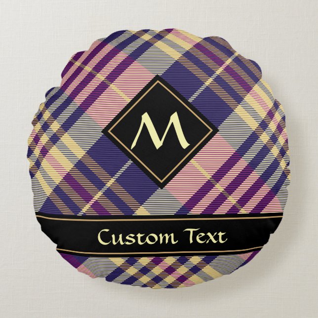 Purple, Gold and Blue Tartan Round Pillow (Front)