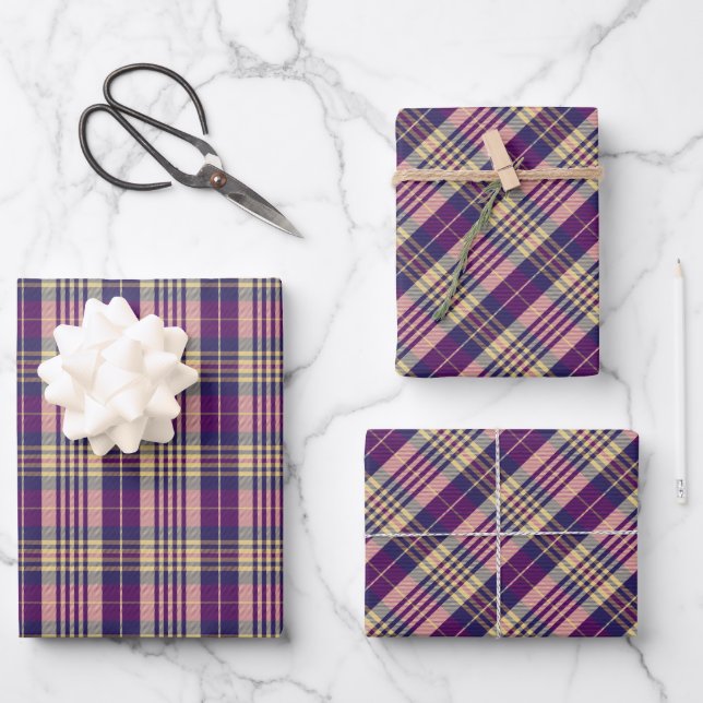 Purple, Gold and Blue Tartan Wrapping Paper Sheet (Front)