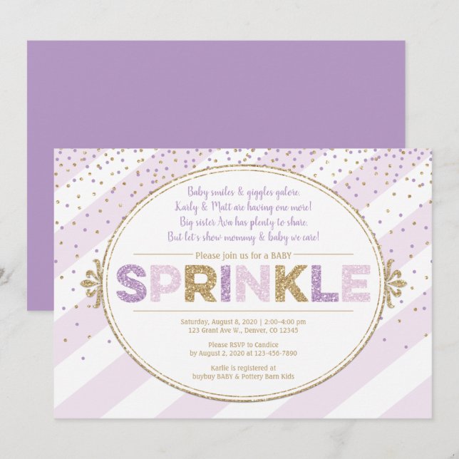 purple gold baby sprinkle invitation girl glitter (Front/Back)