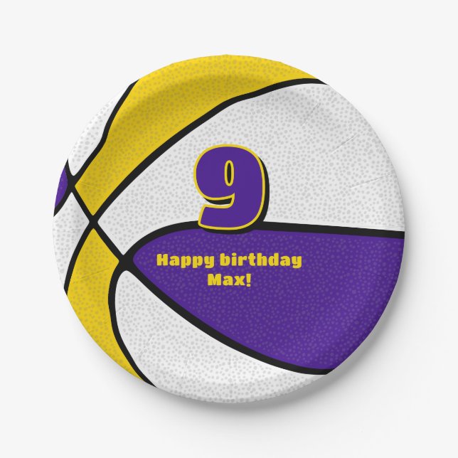 purple gold basketball team colours sports party paper plate (Front)