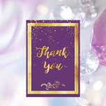 Purple gold birthday thank you card<br><div class="desc">A purple background colour and a faux gold frame. With a golden confetti rain. On front a hand lettered style script and the text: Thank You! and a floral faux gold decor.
Back: Template for Your thank you note and name/names</div>