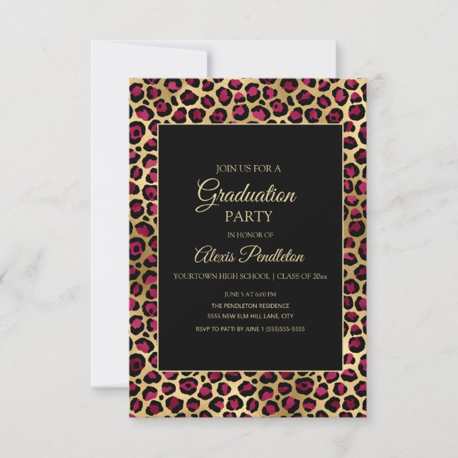 Purple Gold Black Leopard Cheetah Graduation Party Invitation (Front)