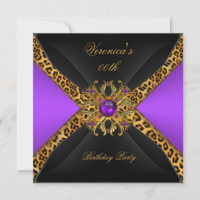 Purple Gold Black Leopard Jewel Birthday Party Invitation (Front)