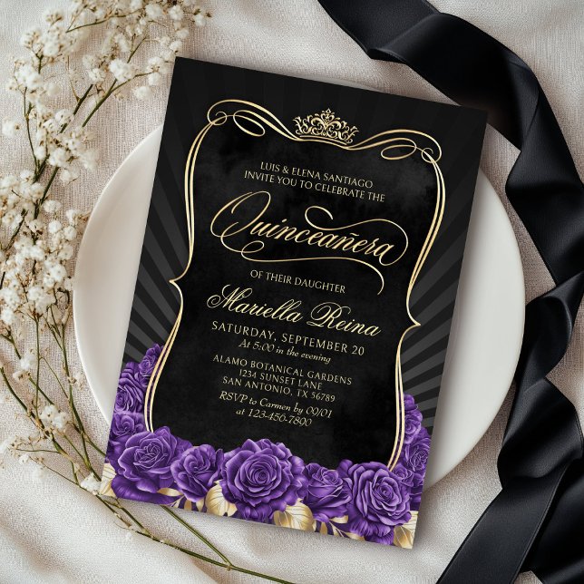 Purple Gold Black Quinceañera Invitation (Creator Uploaded)