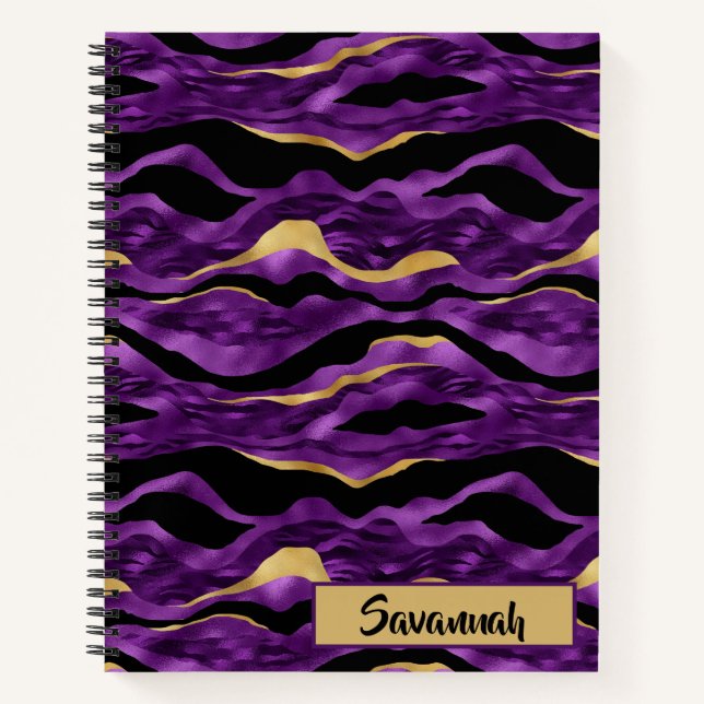 Purple Gold Black Tiger Stripe Pattern Monogram Notebook (Front)