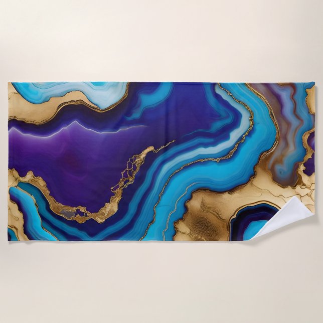 Purple Gold  Blue Agate Marble Modern design  Beach Towel (Front)