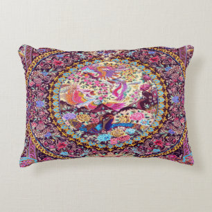 Purple Gold Blue Persian Floral Flowers Peacock Accent Pillow