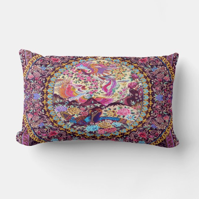 Purple Gold Blue Persian Floral Flowers Peacock Lumbar Pillow (Front)