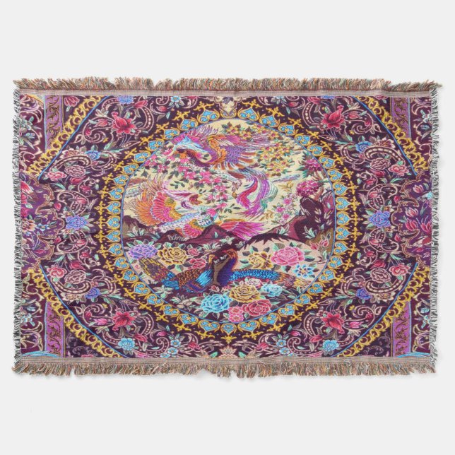 Purple Gold Blue Persian Floral Flowers Peacock Throw Blanket (Front)