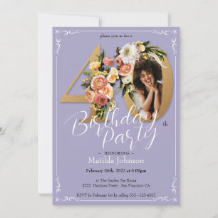 Purple Gold Boho Floral Custom Photo 40th Birthday Invitation