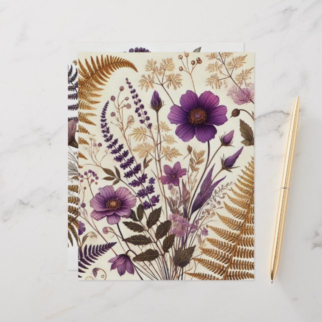 Purple & Gold Boho Wildflowers and Ferns Scrapbook (Front/Back In Situ)