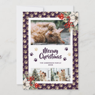 Purple Gold Botanical Photo Meowy Christmas Card