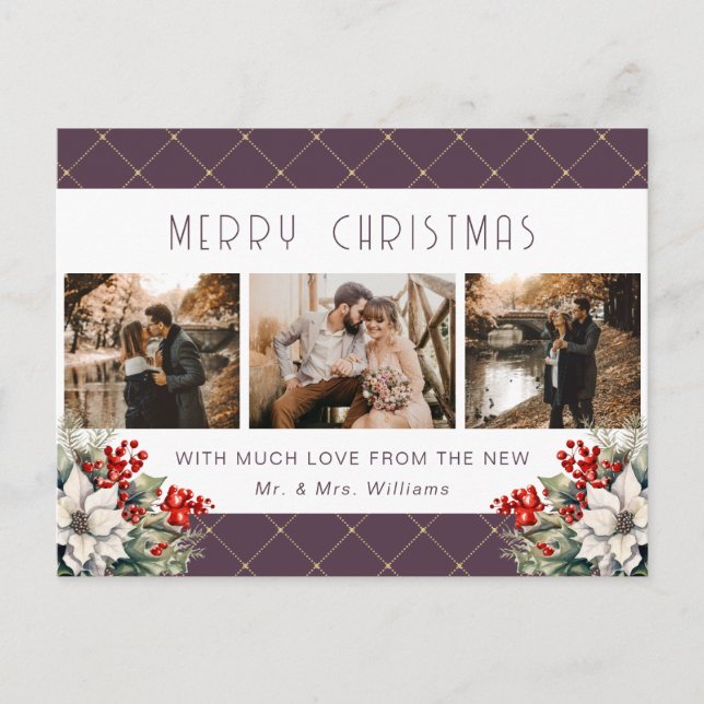 Purple Gold Botanical Photo Newlywed Holiday Postcard (Front)